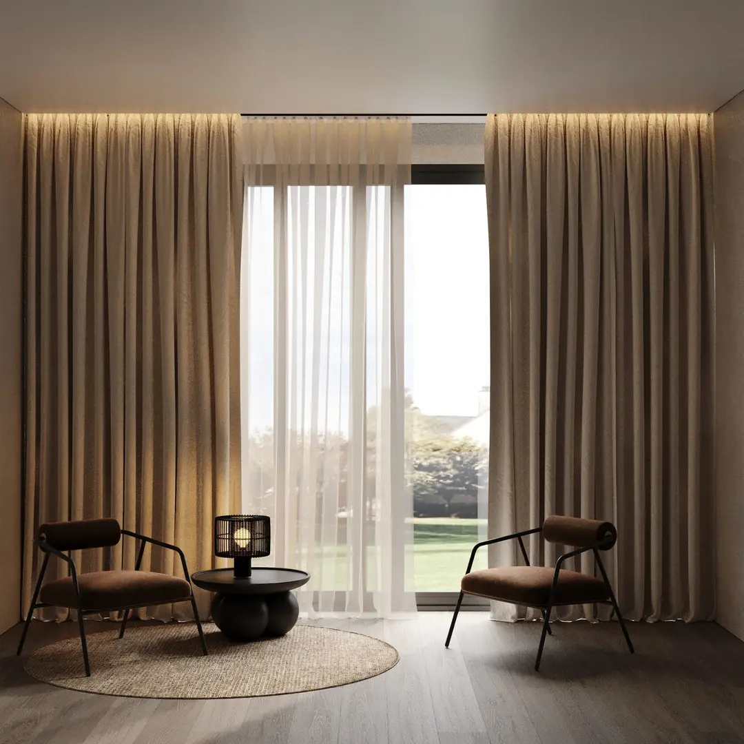 Wohnzimmer mit verdeckter, beleuchteter Gardinennische